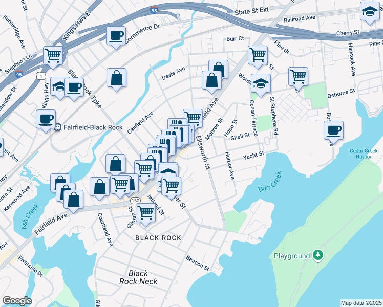 map of restaurants, bars, coffee shops, grocery stores, and more near 71 Melrose Avenue in Bridgeport