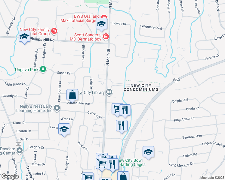 map of restaurants, bars, coffee shops, grocery stores, and more near 4 Heritage Drive in New City