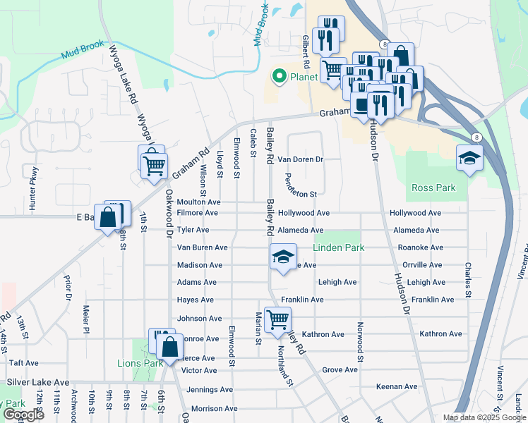 map of restaurants, bars, coffee shops, grocery stores, and more near 107 Tyler Avenue in Cuyahoga Falls