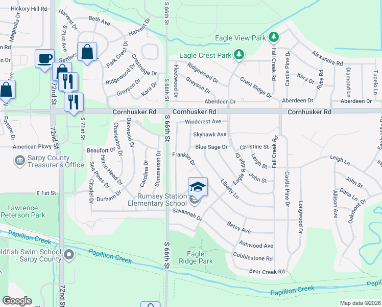 map of restaurants, bars, coffee shops, grocery stores, and more near 1906 Franklin Drive in Papillion