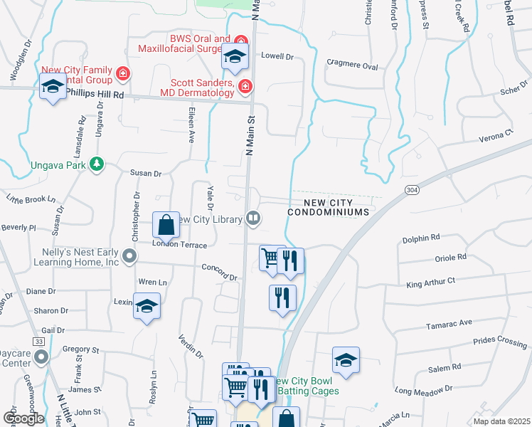 map of restaurants, bars, coffee shops, grocery stores, and more near 4 Heritage Drive in New City