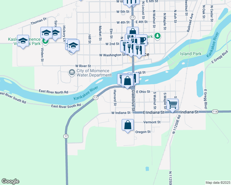 map of restaurants, bars, coffee shops, grocery stores, and more near 110 Harvard Street in Momence