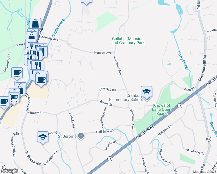 map of restaurants, bars, coffee shops, grocery stores, and more near 11 Live Oak Road in Norwalk