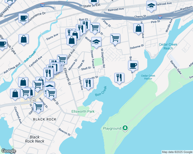 map of restaurants, bars, coffee shops, grocery stores, and more near 137 Yacht Street in Bridgeport