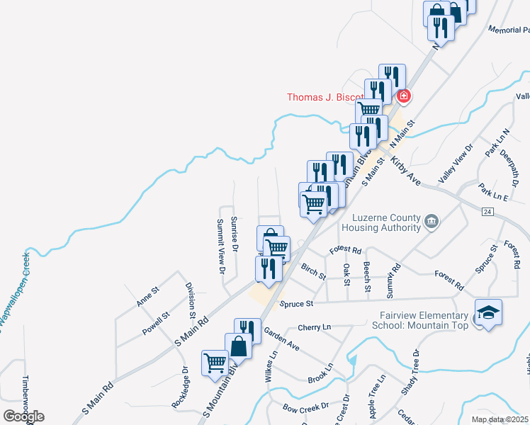 map of restaurants, bars, coffee shops, grocery stores, and more near 17 Woodland Avenue in Mountain Top