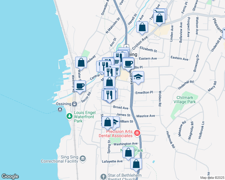 map of restaurants, bars, coffee shops, grocery stores, and more near 88 Spring Street in Ossining