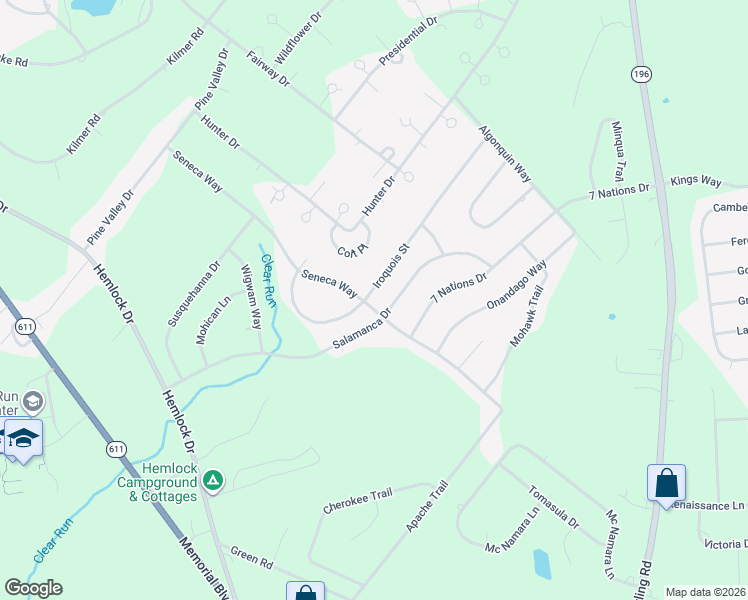 map of restaurants, bars, coffee shops, grocery stores, and more near 5834 Seneca Way in Tobyhanna