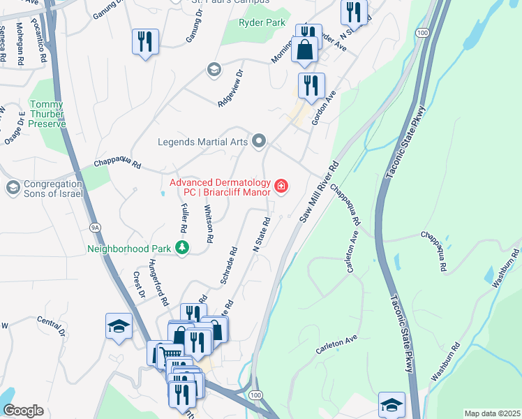 map of restaurants, bars, coffee shops, grocery stores, and more near 219 Schrade Road in Briarcliff Manor