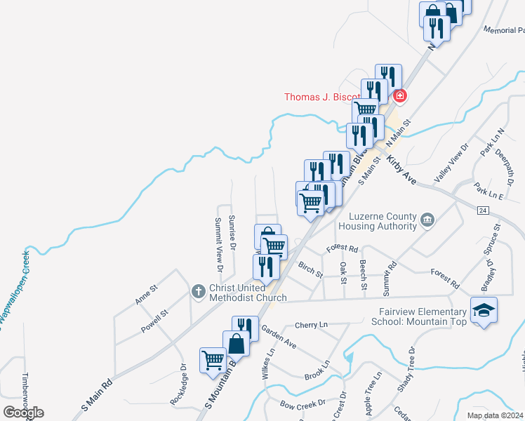 map of restaurants, bars, coffee shops, grocery stores, and more near 17 Woodland Avenue in Mountain Top