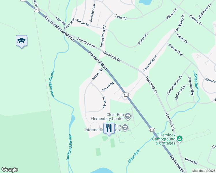 map of restaurants, bars, coffee shops, grocery stores, and more near Drexel Road in Tobyhanna
