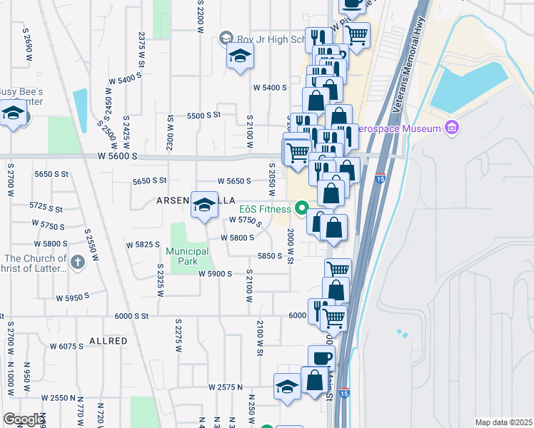 map of restaurants, bars, coffee shops, grocery stores, and more near 2075 West 5750 South in Roy