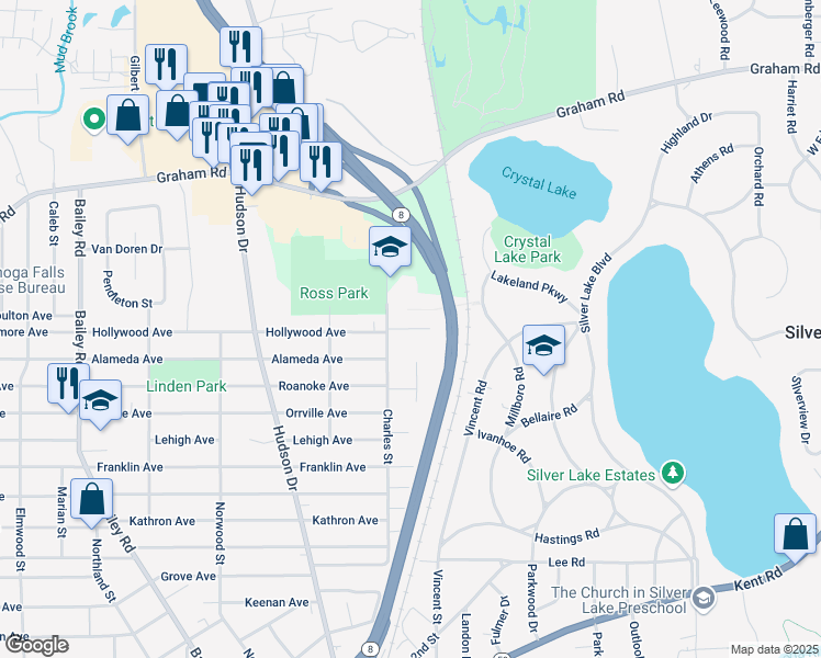 map of restaurants, bars, coffee shops, grocery stores, and more near 3305 Charles Street in Cuyahoga Falls