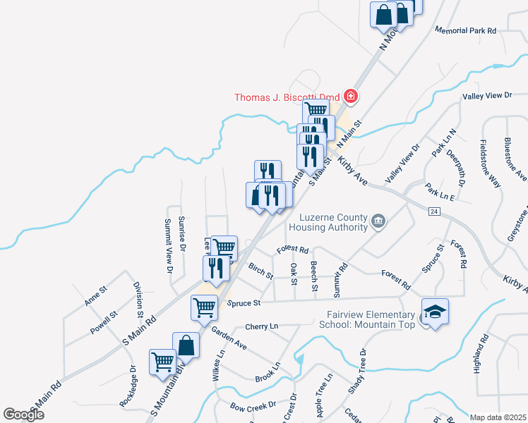 map of restaurants, bars, coffee shops, grocery stores, and more near 89 South Mountain Boulevard in Mountain Top