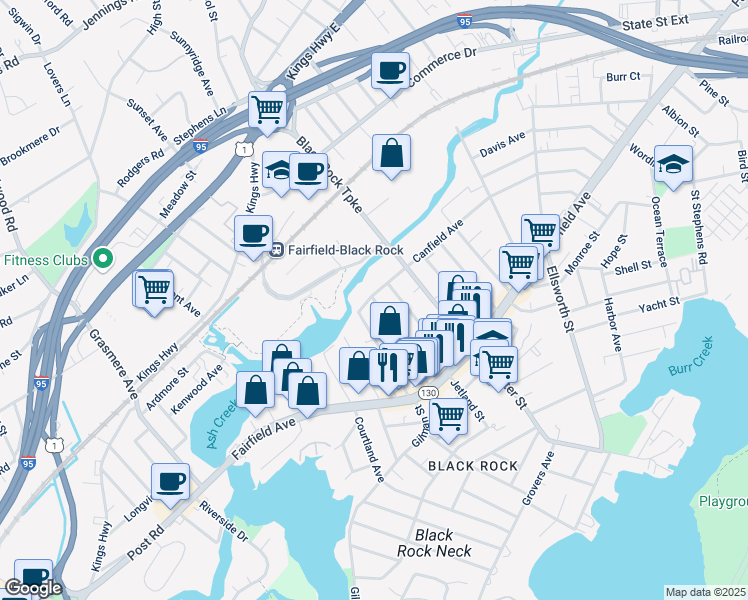 map of restaurants, bars, coffee shops, grocery stores, and more near 246 Bennett Street in Bridgeport