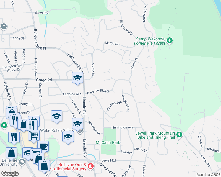 map of restaurants, bars, coffee shops, grocery stores, and more near 119 Bellevue Boulevard South in Bellevue