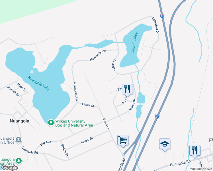 map of restaurants, bars, coffee shops, grocery stores, and more near 10 Vista Drive in Mountain Top