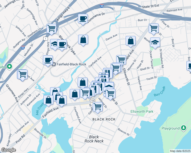 map of restaurants, bars, coffee shops, grocery stores, and more near 130 Wilson Street in Bridgeport