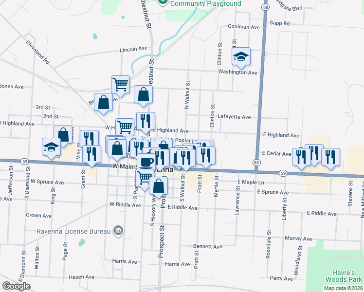 map of restaurants, bars, coffee shops, grocery stores, and more near 125 North Walnut Street in Ravenna
