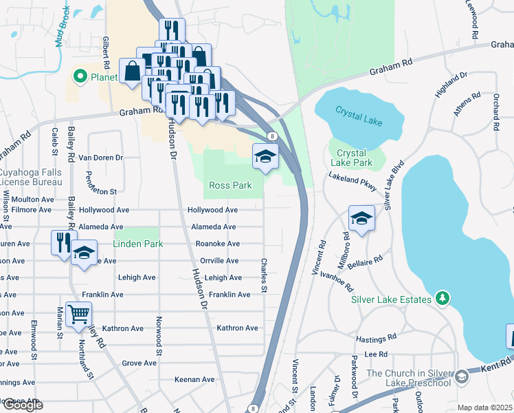 map of restaurants, bars, coffee shops, grocery stores, and more near 743 Alameda Avenue in Cuyahoga Falls