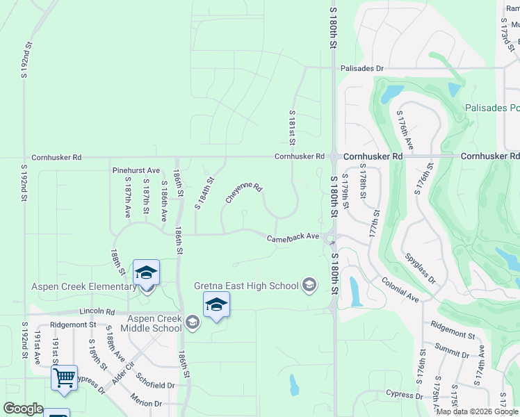 map of restaurants, bars, coffee shops, grocery stores, and more near 18207 Cheyenne Road in Omaha