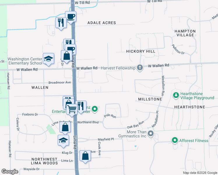 map of restaurants, bars, coffee shops, grocery stores, and more near 1317 Windsor Road in Fort Wayne