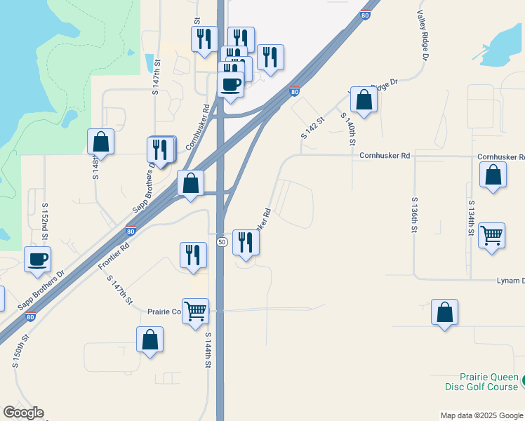 map of restaurants, bars, coffee shops, grocery stores, and more near 14345 Cornhusker Road in Omaha