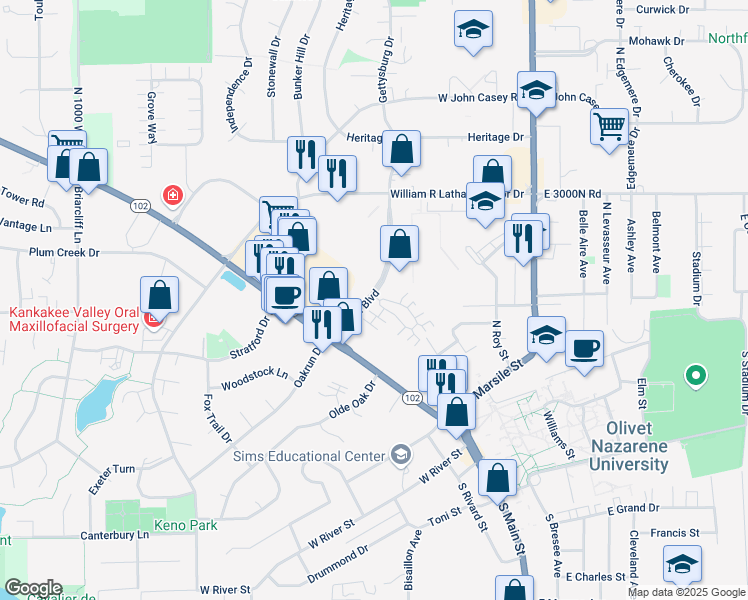 map of restaurants, bars, coffee shops, grocery stores, and more near Brown Boulevard in Bourbonnais