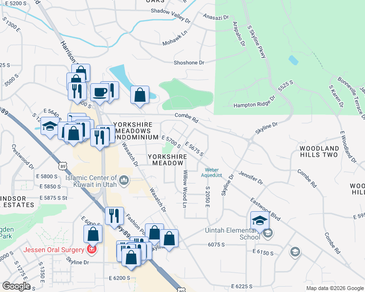 map of restaurants, bars, coffee shops, grocery stores, and more near 1932 Willow Wood Lane in South Ogden