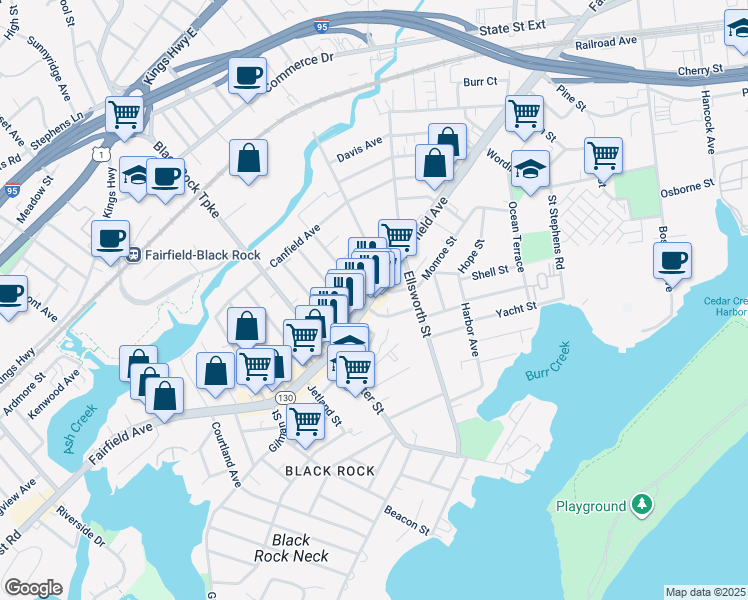 map of restaurants, bars, coffee shops, grocery stores, and more near 71 Melrose Avenue in Bridgeport