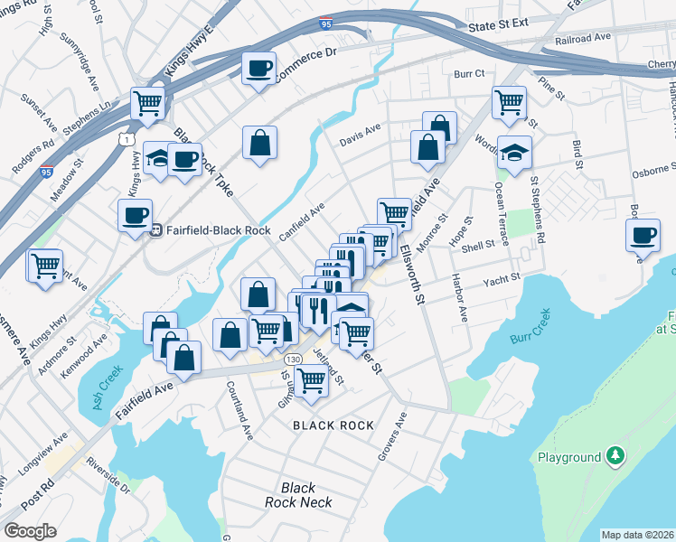 map of restaurants, bars, coffee shops, grocery stores, and more near 702 Brewster Street in Bridgeport