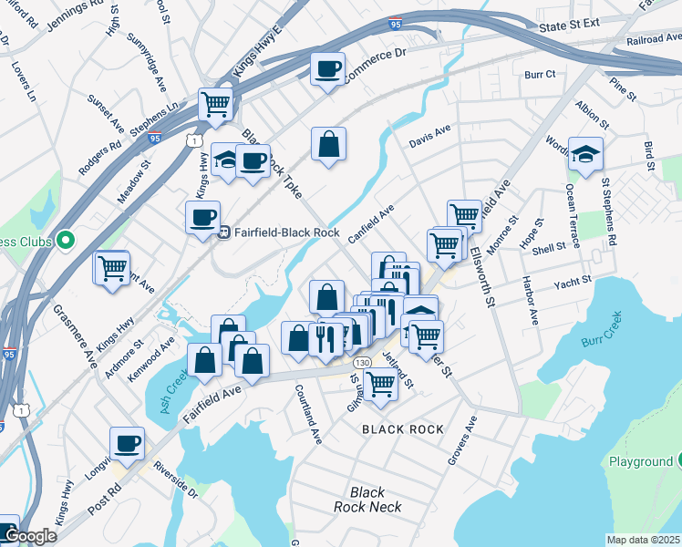 map of restaurants, bars, coffee shops, grocery stores, and more near 170 Bennett Street in Bridgeport