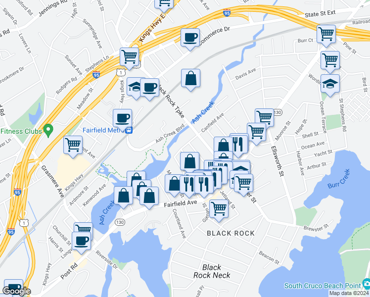 map of restaurants, bars, coffee shops, grocery stores, and more near 170 Bennett Street in Bridgeport
