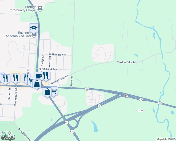 map of restaurants, bars, coffee shops, grocery stores, and more near 5066 Newton Falls Road in Ravenna