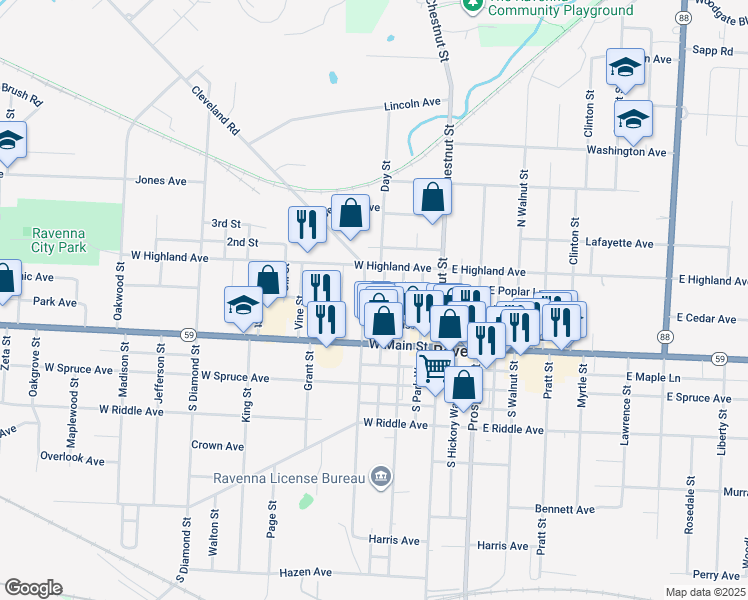 map of restaurants, bars, coffee shops, grocery stores, and more near 268 West Main Street in Ravenna