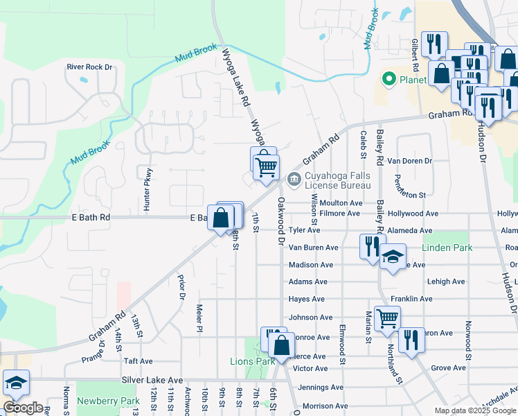 map of restaurants, bars, coffee shops, grocery stores, and more near 623 Tyler Avenue in Cuyahoga Falls