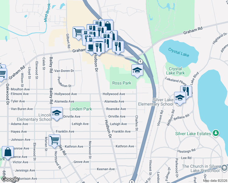 map of restaurants, bars, coffee shops, grocery stores, and more near 679 Alameda Avenue in Cuyahoga Falls