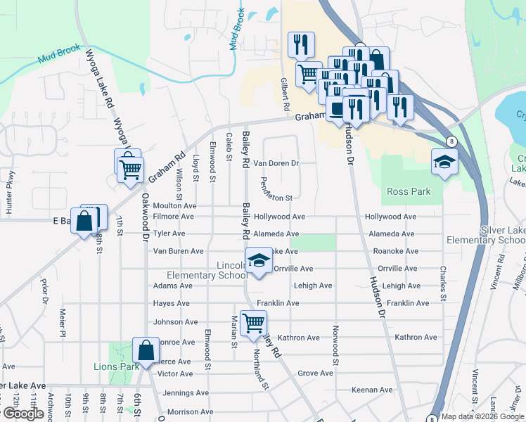 map of restaurants, bars, coffee shops, grocery stores, and more near 3247 Bailey Road in Cuyahoga Falls