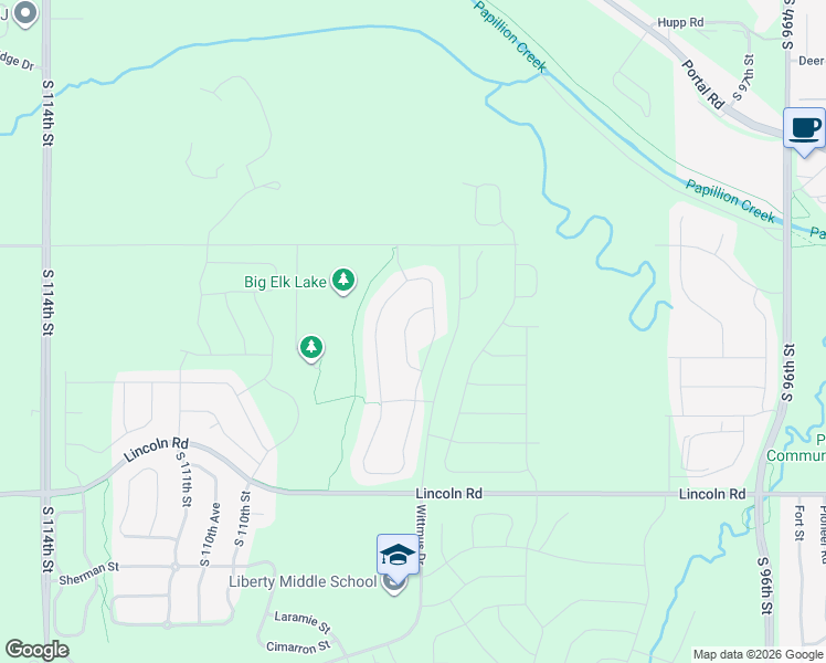 map of restaurants, bars, coffee shops, grocery stores, and more near 10113 South 105th Avenue in Papillion