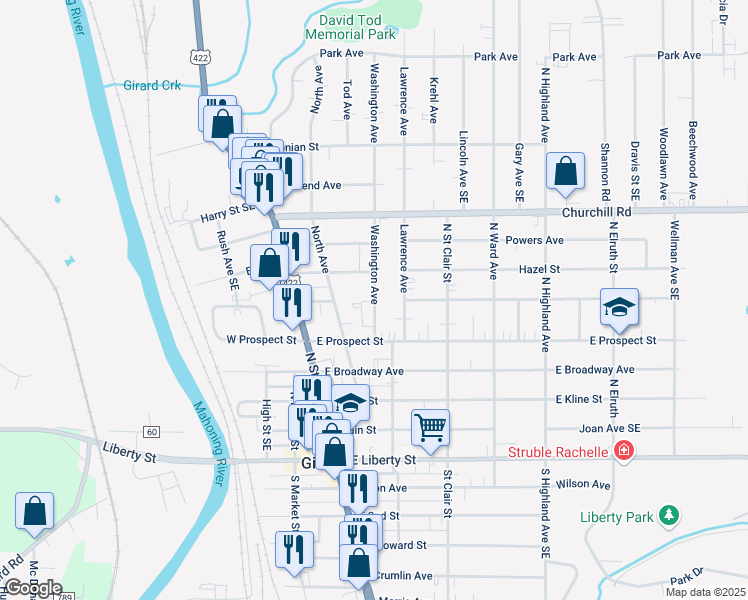 map of restaurants, bars, coffee shops, grocery stores, and more near 502 Washington Avenue Southeast in Girard