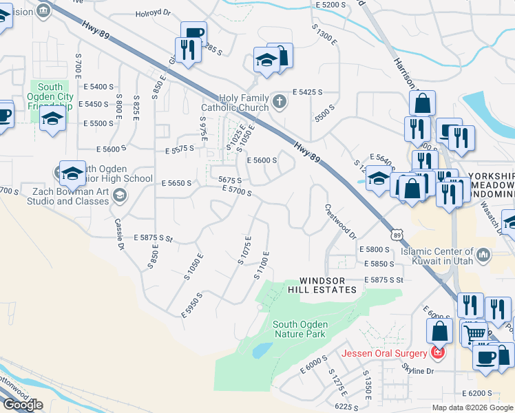 map of restaurants, bars, coffee shops, grocery stores, and more near 5725 South 1075 East in Ogden