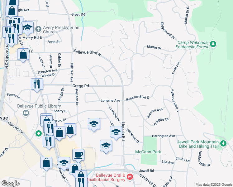 map of restaurants, bars, coffee shops, grocery stores, and more near 1201 Gregg Road in Bellevue