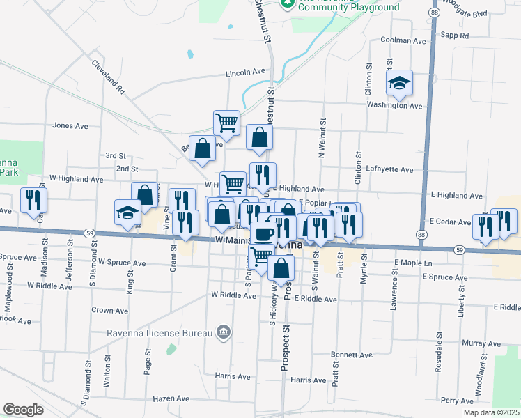 map of restaurants, bars, coffee shops, grocery stores, and more near 122 North Chestnut Street in Ravenna