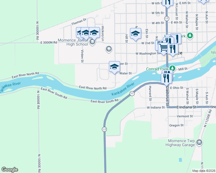 map of restaurants, bars, coffee shops, grocery stores, and more near 10417 East River North Road in Momence