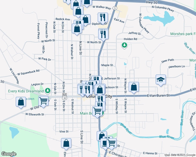 map of restaurants, bars, coffee shops, grocery stores, and more near 108 West Jefferson Street in Columbia City