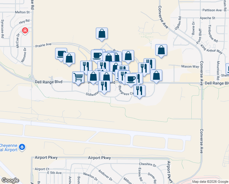 map of restaurants, bars, coffee shops, grocery stores, and more near 1793 Spring Court in Cheyenne