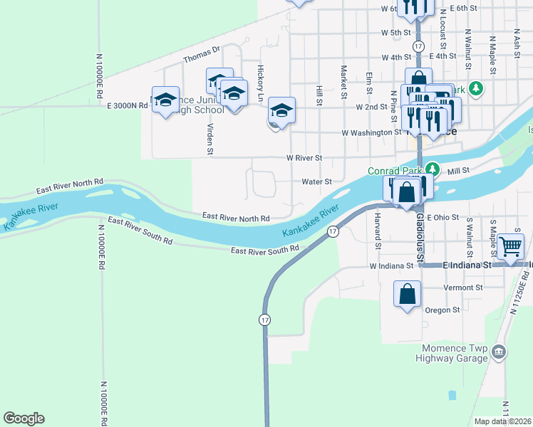map of restaurants, bars, coffee shops, grocery stores, and more near 10417 East River North Road in Momence