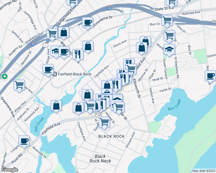 map of restaurants, bars, coffee shops, grocery stores, and more near 100 Alfred Street in Bridgeport