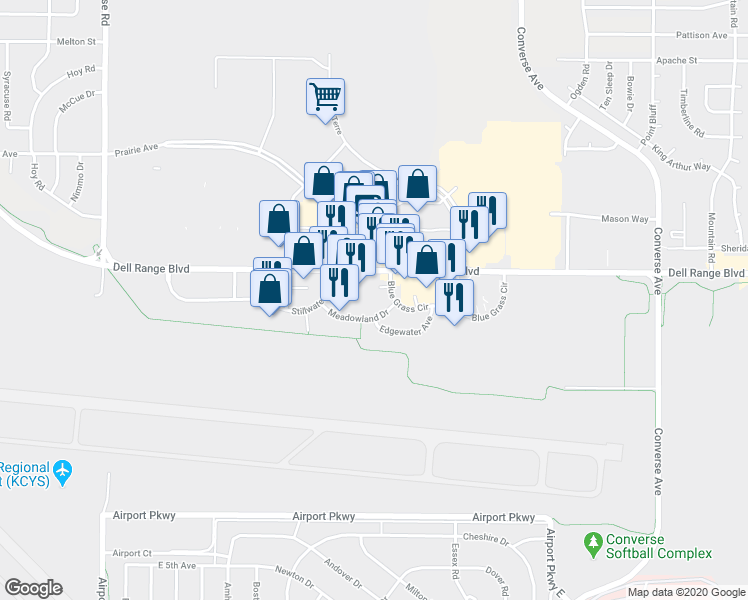 map of restaurants, bars, coffee shops, grocery stores, and more near 1772 Spring Court in Cheyenne