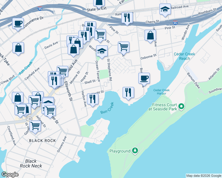 map of restaurants, bars, coffee shops, grocery stores, and more near in Bridgeport