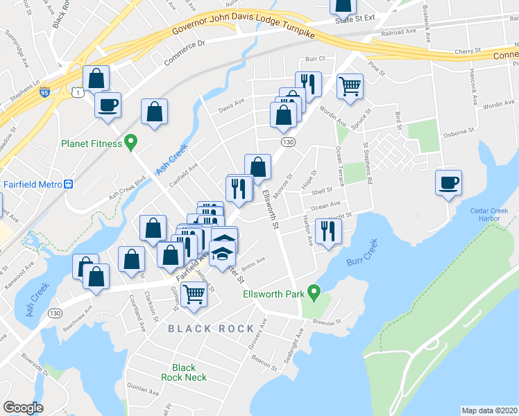map of restaurants, bars, coffee shops, grocery stores, and more near 2615 Fairfield Avenue in Bridgeport
